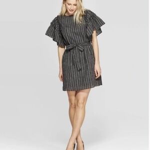 Who What Wear Striped Cotton Dress | Ruffle Sleeves + Belt | XS